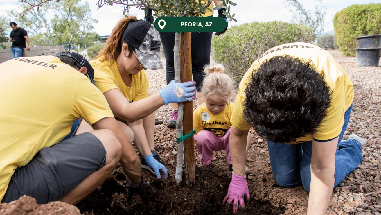 Volunteers in yellow shirts plant a young tree in Peoria, AZ, with a child assisting and others helping with the digging process.
