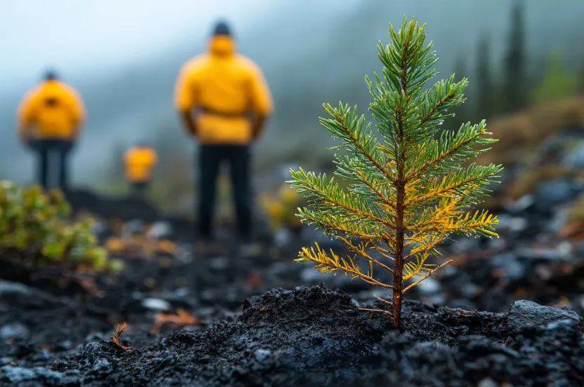 A small evergreen tree in focus stands in dark soil, with three people in yellow jackets blurred in the background, set against a misty forest.