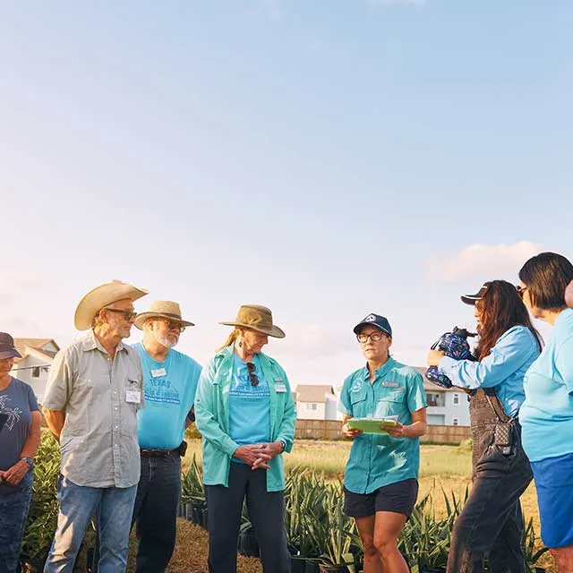 A group of people, dressed in casual clothes and hats, gather outdoors in a sunny field near plants. The mood is collaborative and attentive.