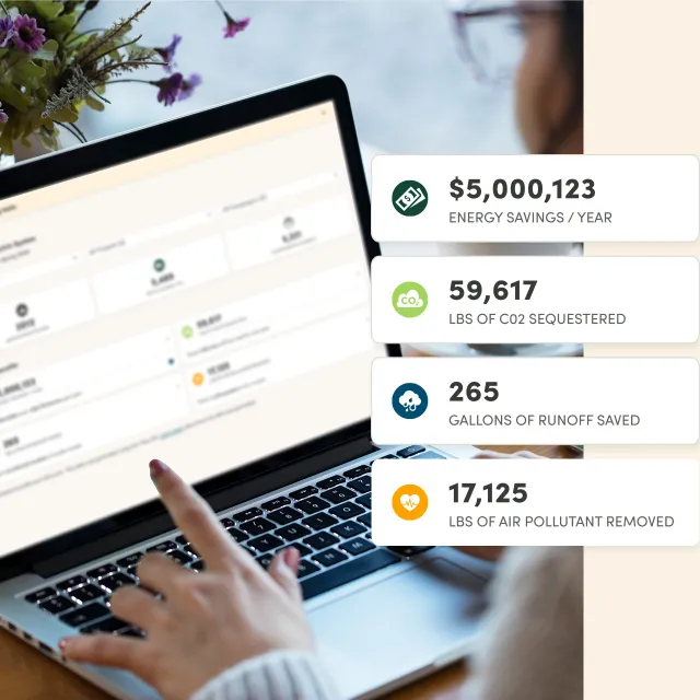 Laptop showing a view of the Community Tree Distribution platform funder experience with stats overlayed.