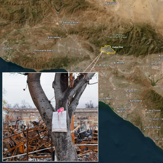 A charred tree with a love note attached stands near a fire-ravaged area, overlaid on a map highlighting the Eaton Fire's location.