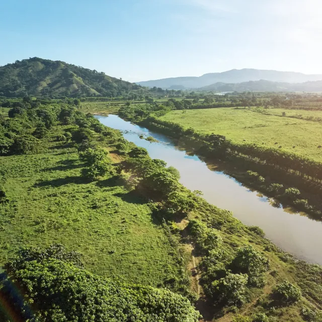 Aerial view of a tranquil river winding through lush greenery and hills under a clear blue sky. Sunlight casts gentle shadows.