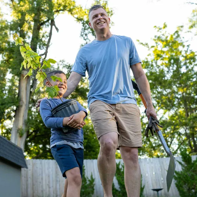 A man and a child walk together in a garden, with the child holding a potted tree and the man holding a shovel.