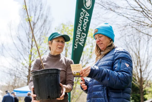 Two people engaged in a planting event; one holds a potted plant while the other displays informational material, with a green banner in the background.