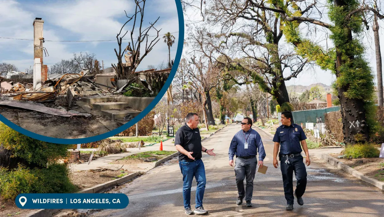 Three men walking down a tree-lined street, discussing the aftermath of wildfires in Los Angeles, California. Inset shows a destroyed home with charred remnants.