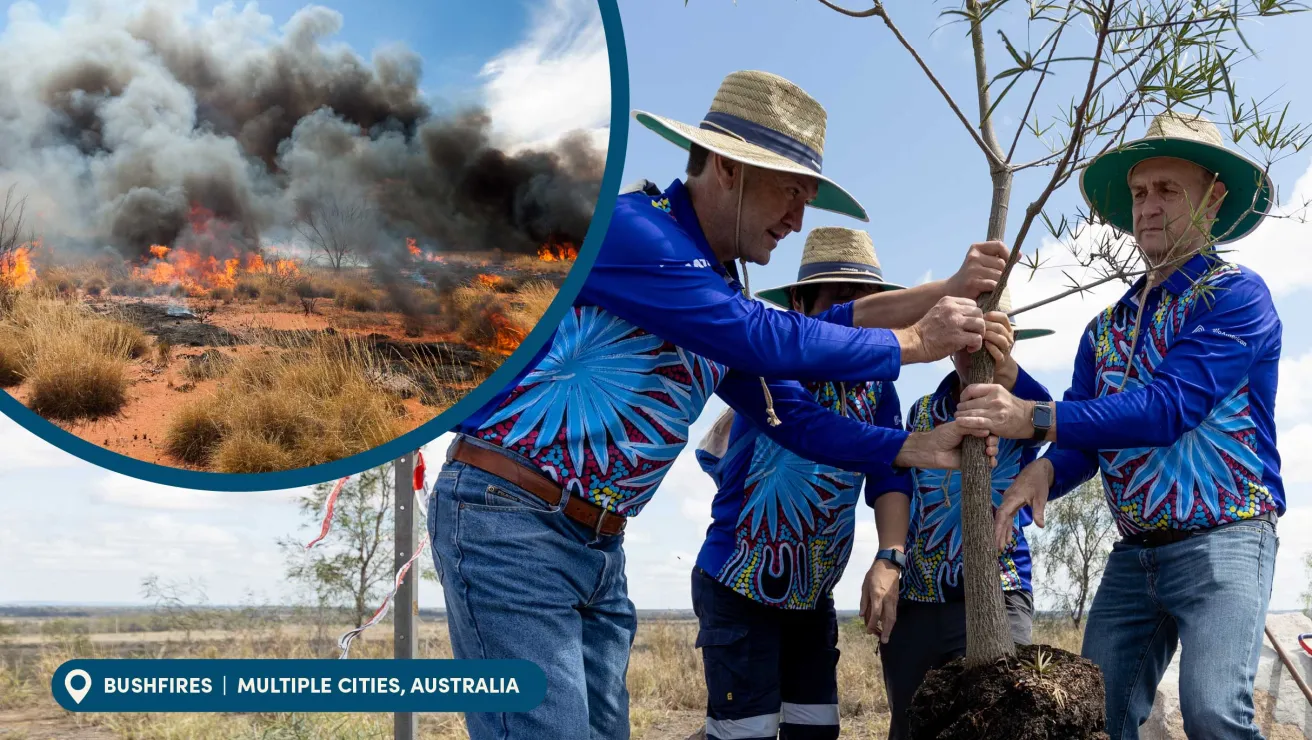 Group of people in blue shirts planting a tree in a dry field in Australia. A round inset shows a bushfire with smoke and flames.