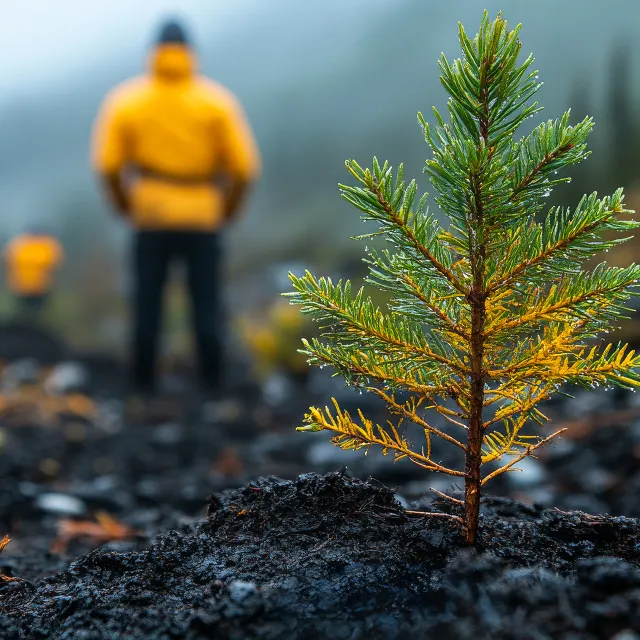 Small evergreen seedling growing from in a misty charred forest and tree planter in the background.
