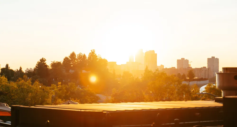 A vibrant sunset over a city skyline, casting warm light on trees and buildings, creating a serene evening atmosphere.