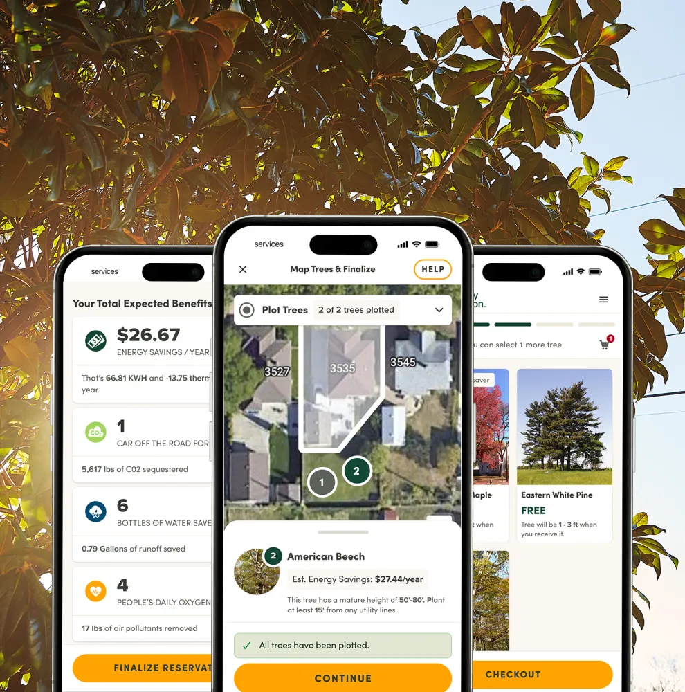 Screenshots of Community Tree Distribution technology on three phones, overlayed on a tree image.