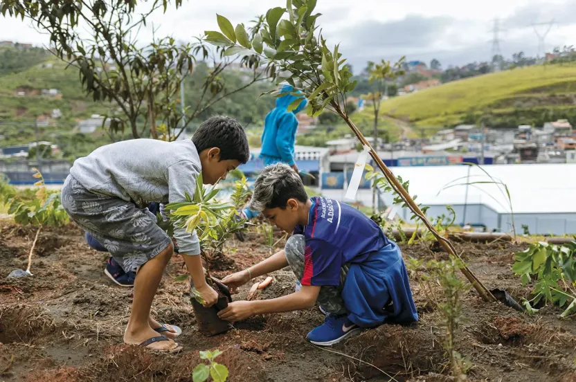Two boys planting young trees in a vibrant community garden, surrounded by soil and gardening tools.