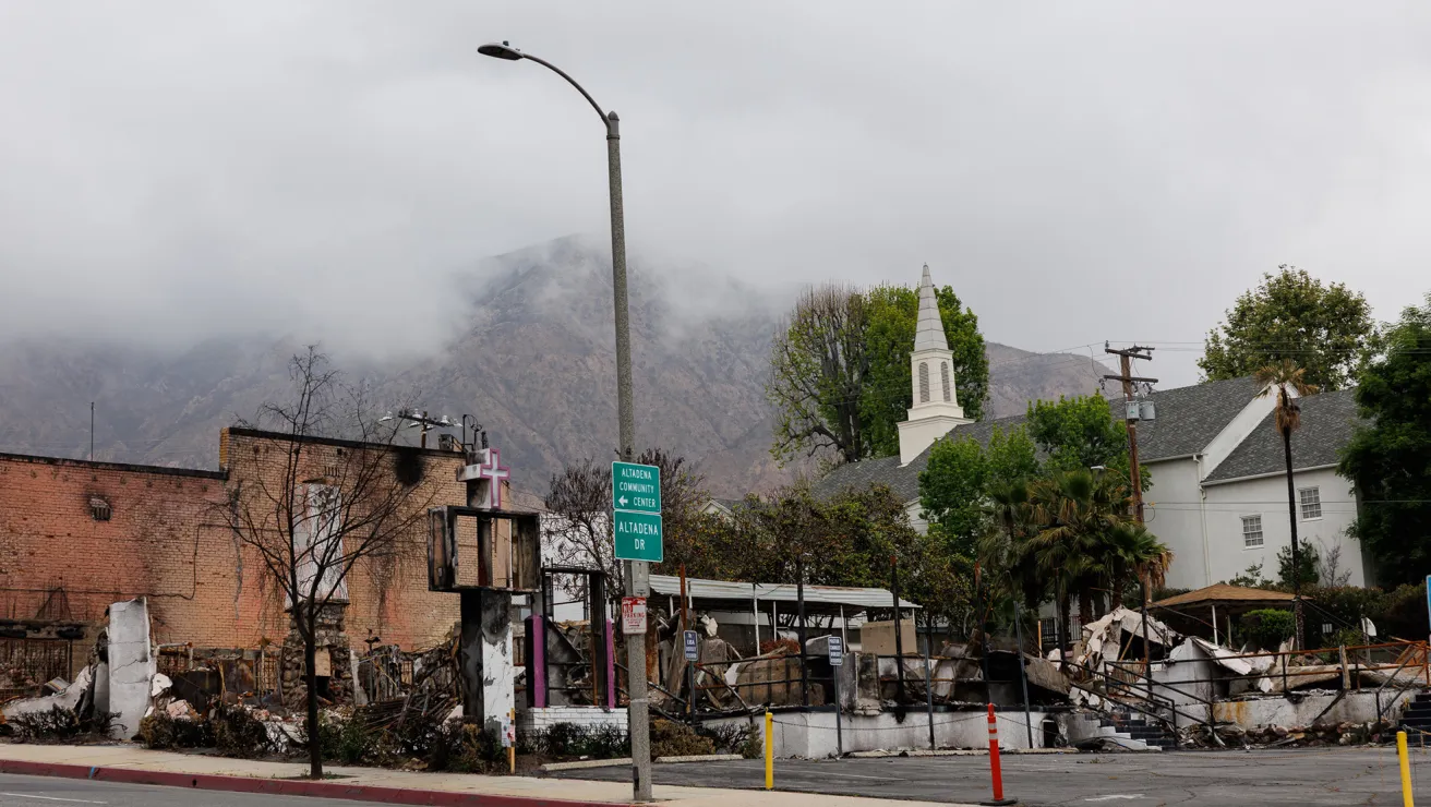 View of buildings and a church destroyed in the LA wildfire.
