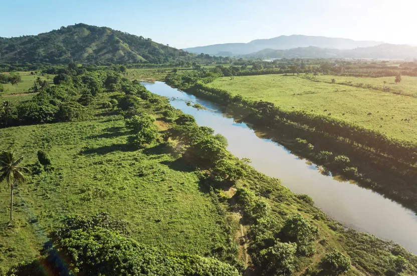 Aerial view of a serene river winding through lush green fields and trees, with a mountainous backdrop under a clear blue sky.