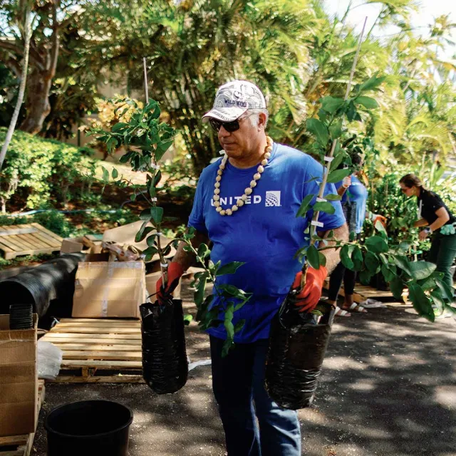 A man in a blue shirt and gloves carries two potted plants outdoors, surrounded by greenery and fellow volunteers.