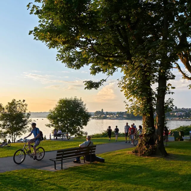 A vibrant lakeside park scene at sunset, featuring cyclists, walkers, and people relaxing on benches amidst lush greenery.