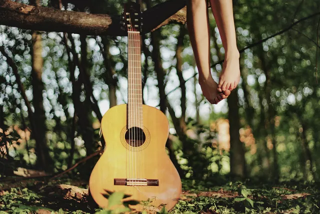 guitar propped up next to tree, child sitting in tree.