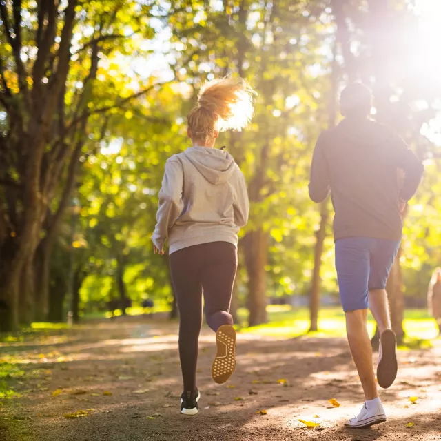 Man and women jogging in a city park shaded by large trees. 