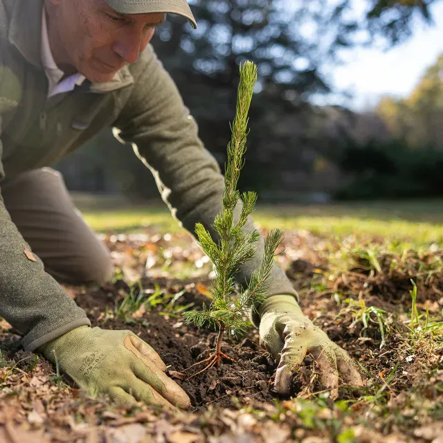 Man putting mulch around a newly-planted bare-root tree.
