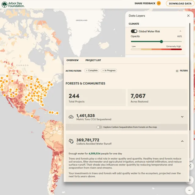 Map showing tree project statistics by the Arbor Day Foundation, detailing CO2 sequestered, acres restored, and water runoff benefits.